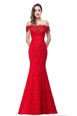 Off Shoulder Lace Long Bridesmaid Maxi Mermaid Prom Dress for Wedding CPS199, Red, 8