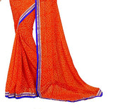 Oomph! Bandhni Printed Chiffon Saree With Dupion Silk Blouse And Embroidered Border (Indian Orange and Indigo Blue)