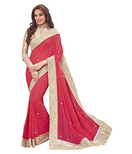 V-Art Red Chiffon Embellished Saree With Gold Brocade Blouse