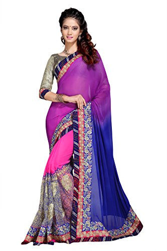 Oomph! Women's Georgette Sarees Party Wear/Fancy Georgette Sarees/Printed Georgette Sarees - Purple & Azure Blue::Bubblegum Pink