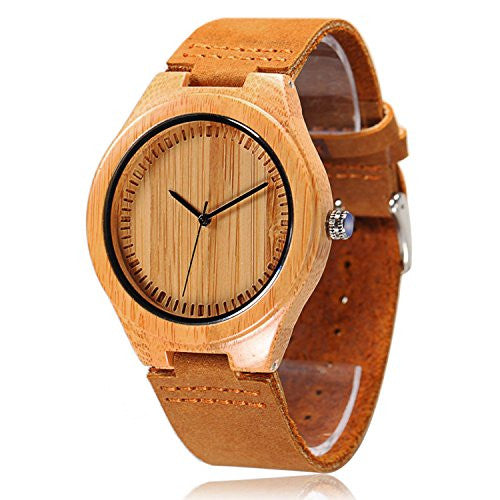 CUCOL Men's Bamboo Wooden Watch with Brown Cowhide Leather Strap Japanese Quartz Movement Casual Watches