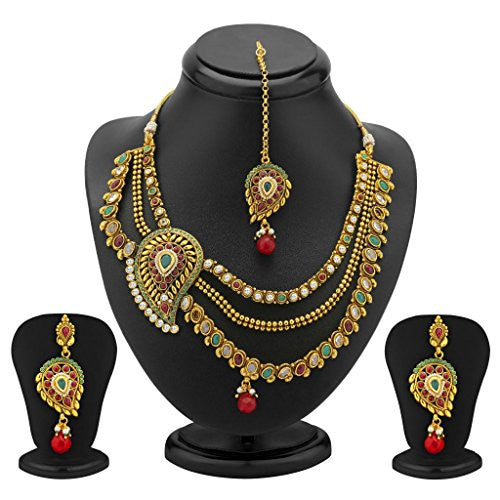 Sukkhi 3 Strings One Sided Mango Design Gold Plated Antique Necklace Set for Women