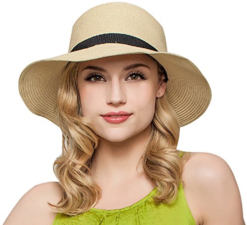 Women Floppy Sun Beach Straw Hats Wide Brim Packable Summer Cap (Beige) by Janrely