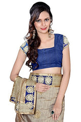 Oomph! Women's Cotton Silk Sarees Party Wear/Fancy Cotton Silk Sarees/Embroidered Cotton Silk Sarees - Navy Blue &amp; Beige