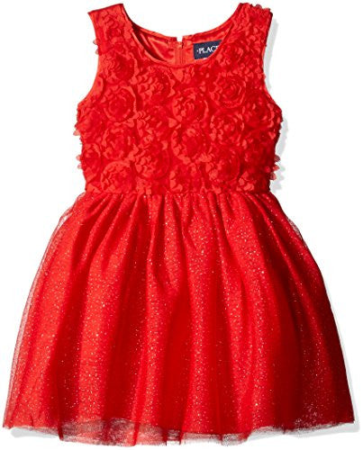 The Children's Place Girls' Little Sleeveless Rosette Dress, China Red, 4