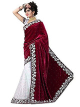 Clickedia Women Velvet Saree with Blouse Piece(601 Red_Red and White)