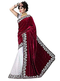 Clickedia Women Velvet Saree with Blouse Piece(601 Red_Red and White)