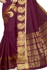 Rani Saahiba Art Chanderi Zari Border Saree(Burgundy)