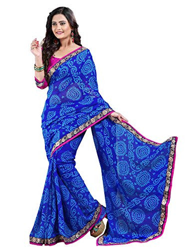 Oomph! Women's Chiffon Saree (liril_gtj1001b_Indigo Blue & Magenta_Free Size)