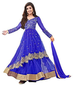 Clickedia Women's Net Embroidered Blue & Golden Semi Stitched Anarkali - Dress Material