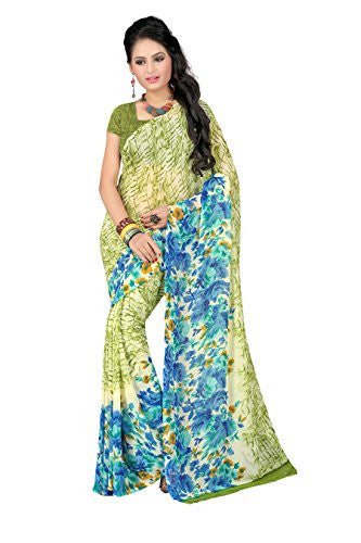 Livie Women's Georgette Sarees Party Wear/Fancy Georgette Sarees/Printed Georgette Sarees - Cerulean Blue & Lime Green