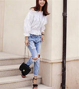F.C Women's Destroyed Jeans Ripped Washed Boyfriend Long Denim Trousers As picture £¨US,M/Asia,L£