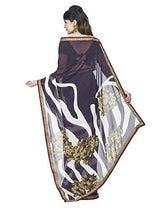 Oomph! Georgette Printed Saree With Embroidered Border (White, Umber Brown and Parakeet Green)