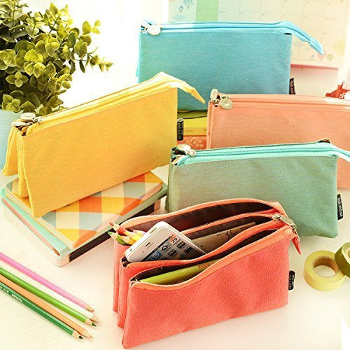 UQueen Fashion Creative Candy Color Three Layer Large Capacity Zipper Cosmetic Makeup Storage Bag,Simple Lovely Cute Canvas Multi-functional Stationery Pencil Pen Case Bag (Rose Red)