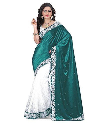 V-Art Women's Velvet & Net Saree (GreenVelvet1_Rama Green)
