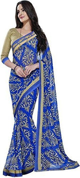 SKY GLOBAL Women's Gerogette Saree with Unstitched Blouse (Blue &amp; Olive_Saree_2163)