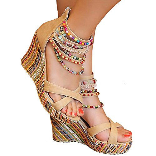 Getmorebeauty Women's Wedge Sandals Pearls Across The Top Platform High Heels 9 B(M) US