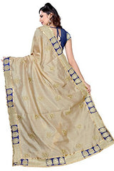 Oomph! Women's Cotton Silk Sarees Party Wear/Fancy Cotton Silk Sarees/Embroidered Cotton Silk Sarees - Navy Blue &amp; Beige