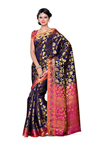 Mimosa Women's Traditional Art Silk Saree Kanjivaram Style With Blouse Color:Navy(3297-153-NVY-RNI )