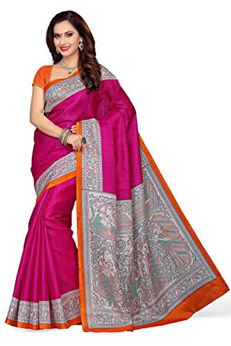 Rani Saahiba Madhubani Printed Art Bhagalpuri Silk Saree(SKR1759_Pink - Orange)