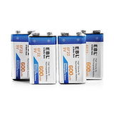 EBL 4 Pack 9V 6F22 600mAh High Volume Lithium-ion Rechargeable 9 Volt Li-ion Batteries