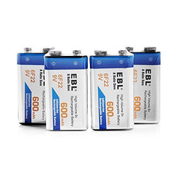 EBL 4 Pack 9V 6F22 600mAh High Volume Lithium-ion Rechargeable 9 Volt Li-ion Batteries