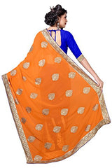 Oomph! Women's Georgette Sarees Party Wear/Fancy Georgette Sarees/Embroidered Georgette Sarees - Apricot Orange &amp; Lapis Blue