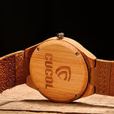 CUCOL Men's Bamboo Wooden Watch with Brown Cowhide Leather Strap Japanese Quartz Movement Casual Watches