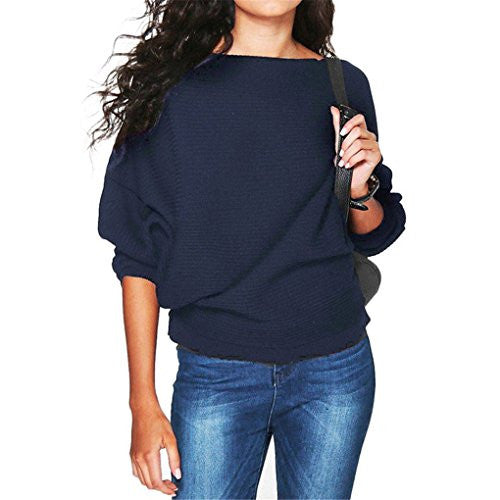 Women Blouse,Haoricu Women Batwing Sleeve Knit Sweater Pullover Loose Jumper Tops Knitwear (M, Navy blue)
