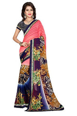 Oomph! Women's Georgette Sarees Party Wear/Fancy Georgette Sarees/Printed Georgette Sarees - Punch Pink &amp; Navy Blue