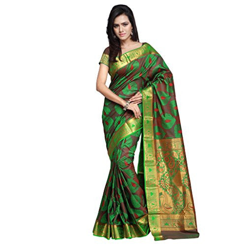 Varkala Kanchipuram Silk Peacock Theme Pallu and Resham Butta Art Saree, Colour Pakistani Green-Red -JP7108PGRD