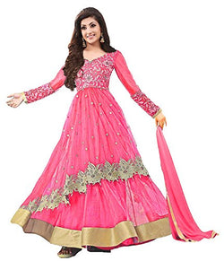 Clickedia Women's Net Embroidered Pink & Golden Semi Stitched Anarkali - Dress Material