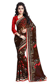 Oomph! Women's Georgette Sarees Party Wear/Fancy Georgette Sarees/Printed Georgette Sarees - Chocolate Brown &amp; Scarlet
