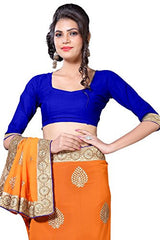 Oomph! Women's Georgette Sarees Party Wear/Fancy Georgette Sarees/Embroidered Georgette Sarees - Apricot Orange &amp; Lapis Blue