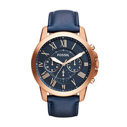 Fossil Men's FS4835 Grant Chronograph Leather Watch-Rose Gold-Tone and Blue