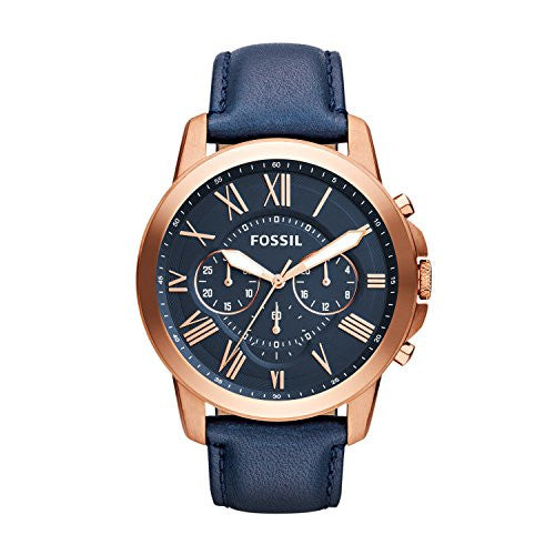 Fossil Men's FS4835 Grant Chronograph Leather Watch-Rose Gold-Tone and Blue