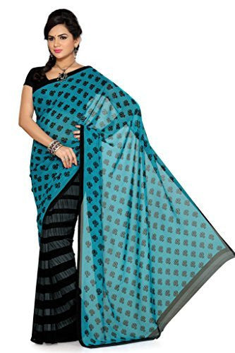 ISHIN Georgette Grey Black & Blue Saree