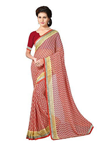 Livie Women's Chiffon Sarees Party Wear/Fancy Chiffon Sarees/Printed Chiffon Sarees - Eggshell Cream & Scarlet Red