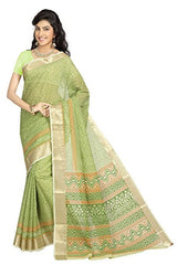 Rani Saahiba Printed Gadhwal Cotton Zari Border Saree(SKR1402_Green)