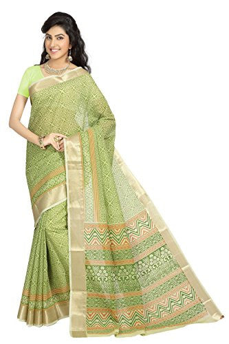Rani Saahiba Printed Gadhwal Cotton Zari Border Saree(SKR1402_Green)