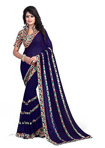 Oomph! Women's Chiffon Sarees Party Wear/Fancy Chiffon Sarees/Printed Chiffon Sarees - Indigo Blue & Beige