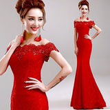Off Shoulder Lace Long Bridesmaid Maxi Mermaid Prom Dress for Wedding CPS199, Red, 8