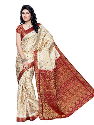MIMOSA Silk Saree(65-HLFWHITEMARUN_Beige & Red)