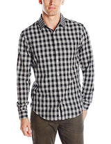 Original Penguin Men's Long Sleeve Double Weave Gingham Woven, Rain Heather, Small