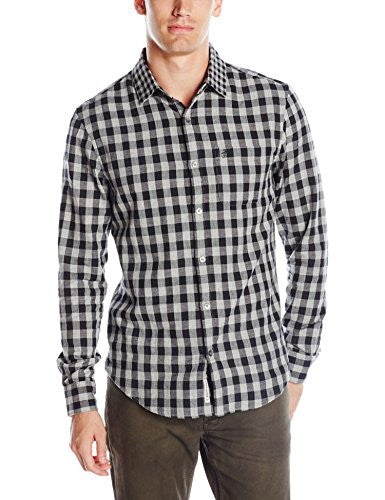Original Penguin Men's Long Sleeve Double Weave Gingham Woven, Rain Heather, Small