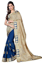 Oomph! Women's Cotton Silk Sarees Party Wear/Fancy Cotton Silk Sarees/Embroidered Cotton Silk Sarees - Navy Blue &amp; Beige