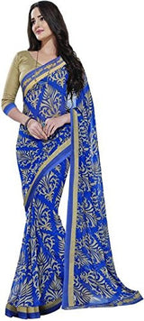 SKY GLOBAL Women's Gerogette Saree with Unstitched Blouse (Blue &amp; Olive_Saree_2163)