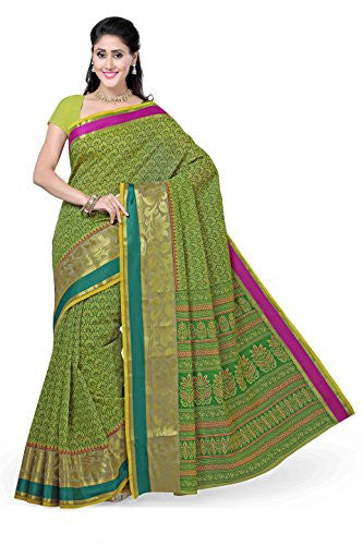 Rani Saahiba Printed Zari Border Cotton Saree(Green_Skr1096)