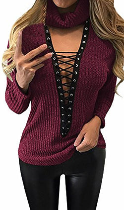Chellysun Women's Knit Long Sleeve Lace Up Cross Sweater Blouse Top (Large, Wine red)