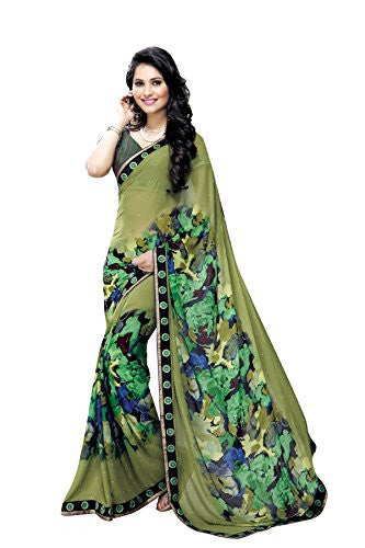 Oomph! Women's Georgette Sarees Party Wear/Fancy Georgette Sarees/Printed Georgette Sarees - Olive Green & Fern Green